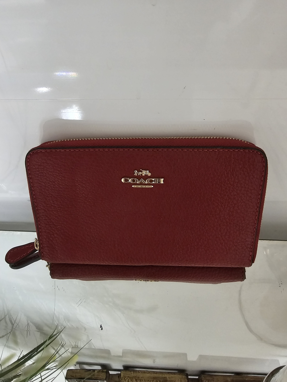 Coach Red Pebbled Leather Zip Wallet with Gold Logo